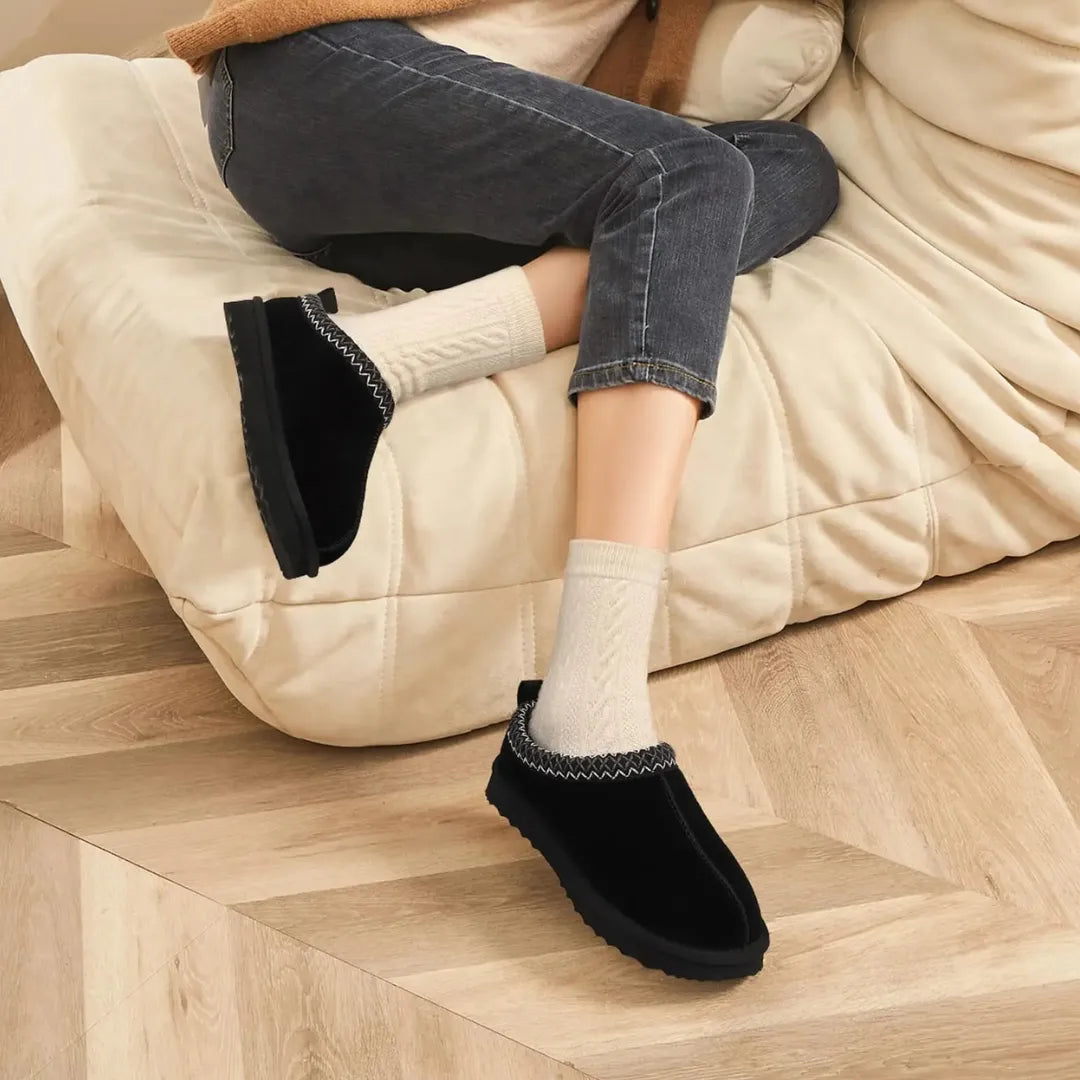 Leren Pantoffels Dames – Luxe Suède Sloffen met Warme Pluche Voering
