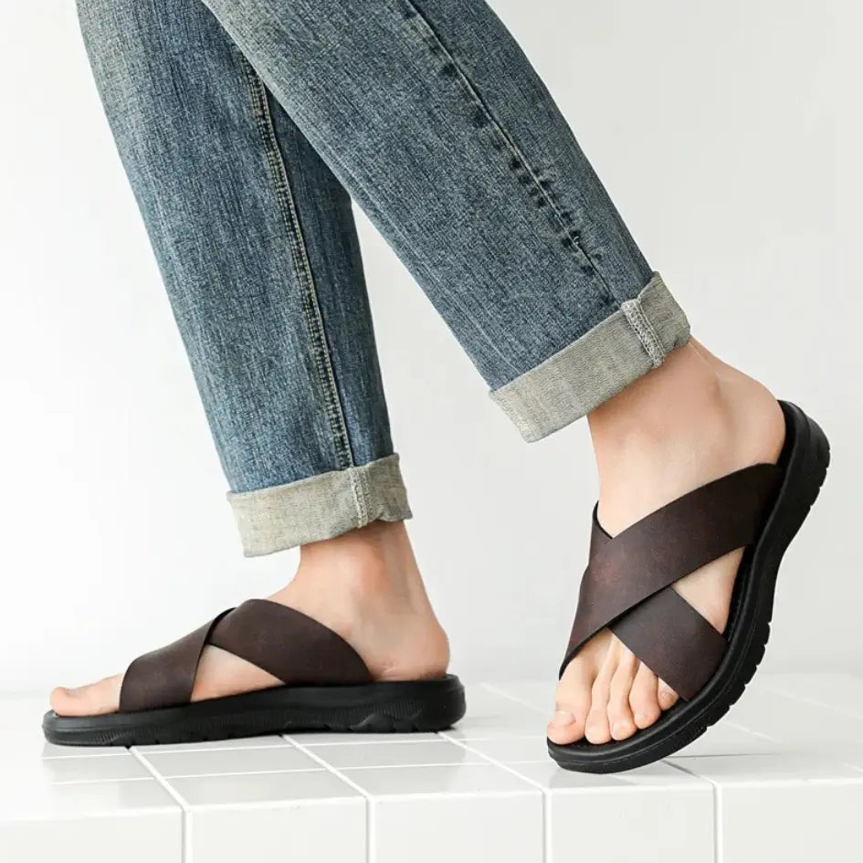 Dave Vegan Leren Slippers met Kruisband & Voorgevormd Voetbed
