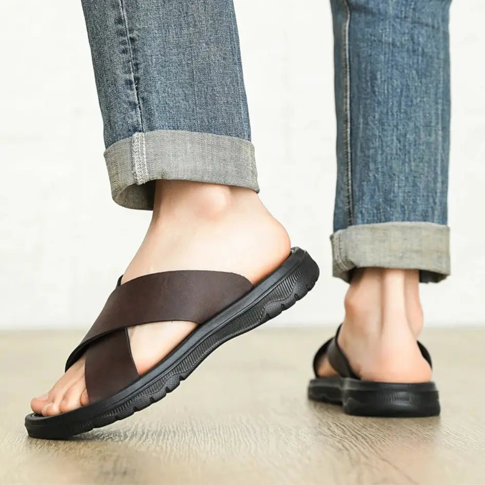 Dave Vegan Leren Slippers met Kruisband & Voorgevormd Voetbed