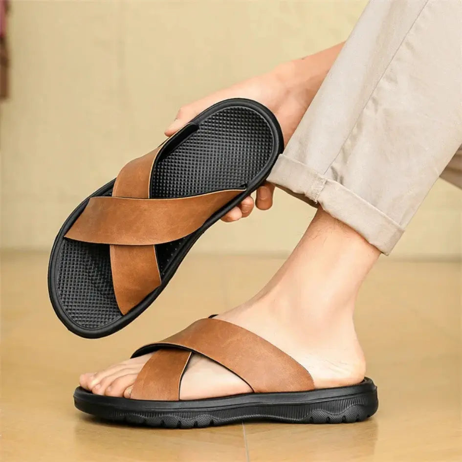 Dave Vegan Leren Slippers met Kruisband & Voorgevormd Voetbed
