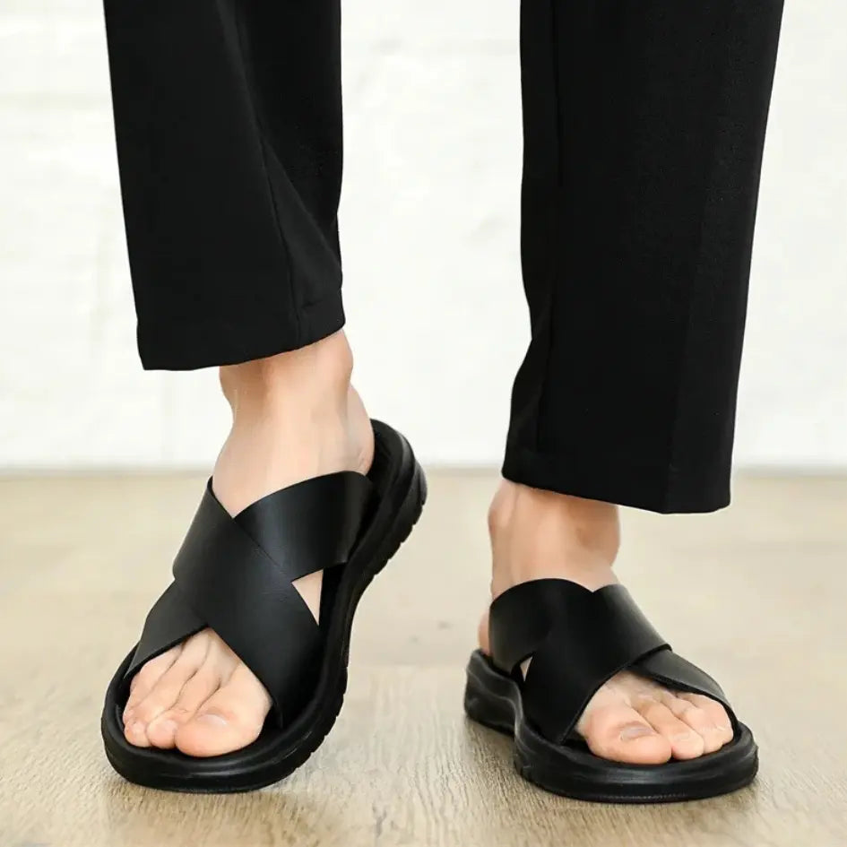 Dave Vegan Leren Slippers met Kruisband & Voorgevormd Voetbed