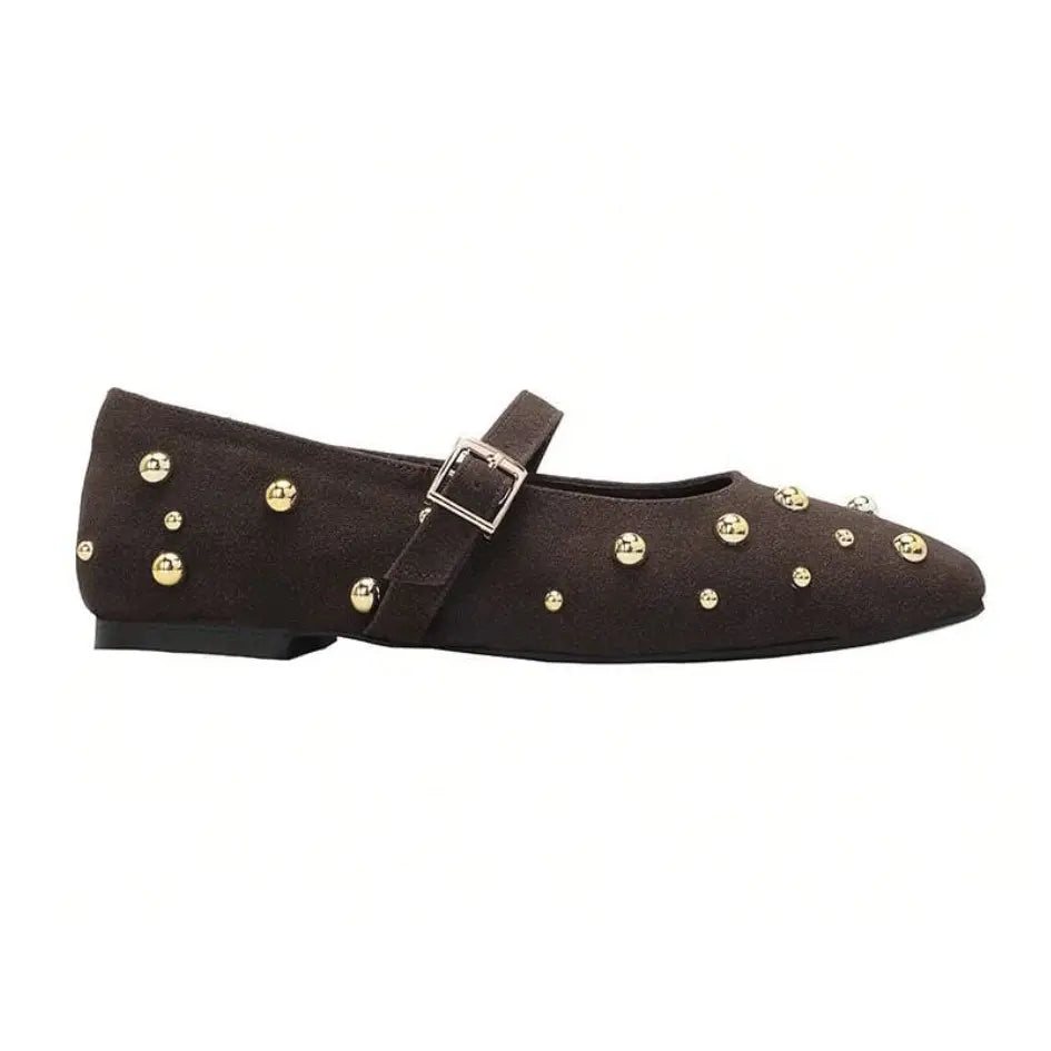 Lola Dames Mary Jane Ballerina’s – Suède Pumps met Studs & Bandje
