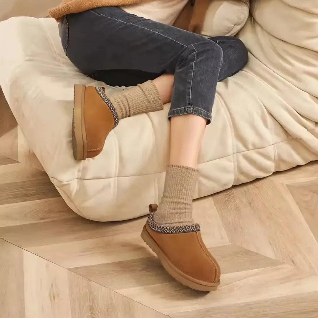 Leren Pantoffels Dames – Luxe Suède Sloffen met Warme Pluche Voering