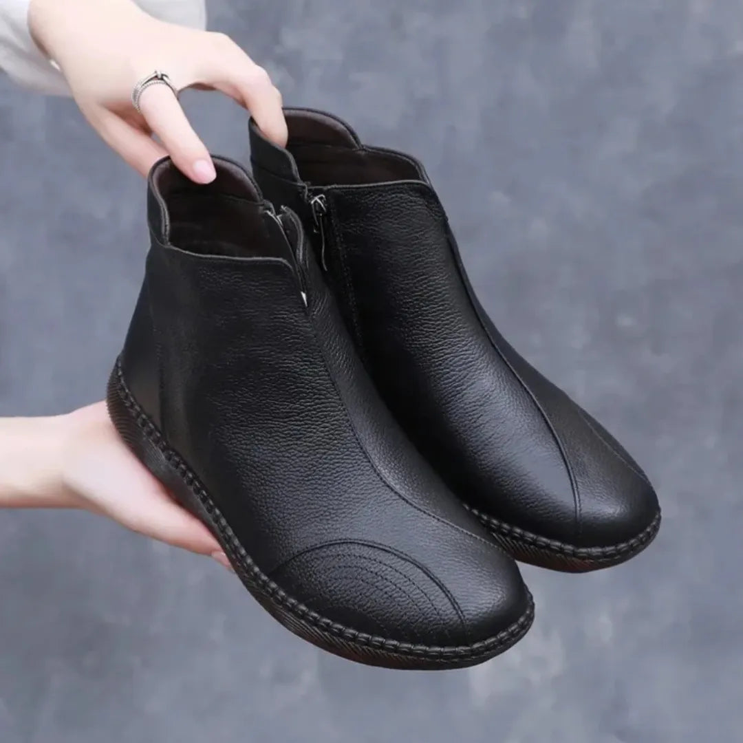 Ines Leren Enkellaarzen Dames – Comfortabele Platte Laarzen