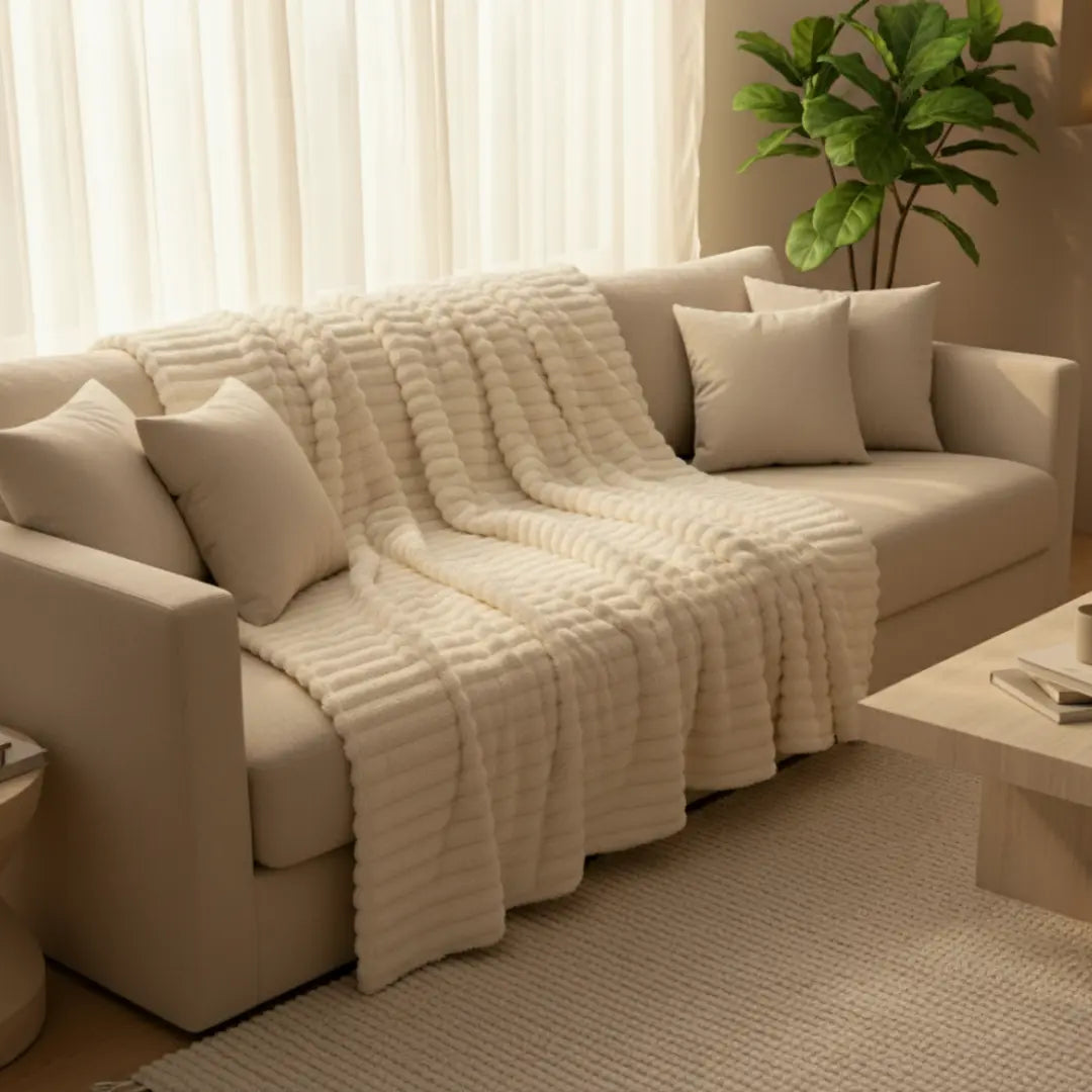 Beige Plaid - Zachte Fleece Woondeken Voor Op de Bank