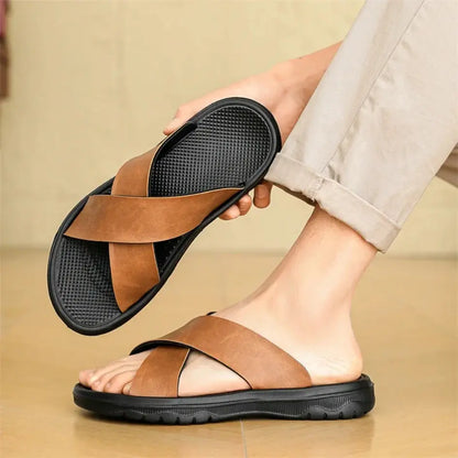 Dave Vegan Leren Slippers met Kruisband & Voorgevormd Voetbed